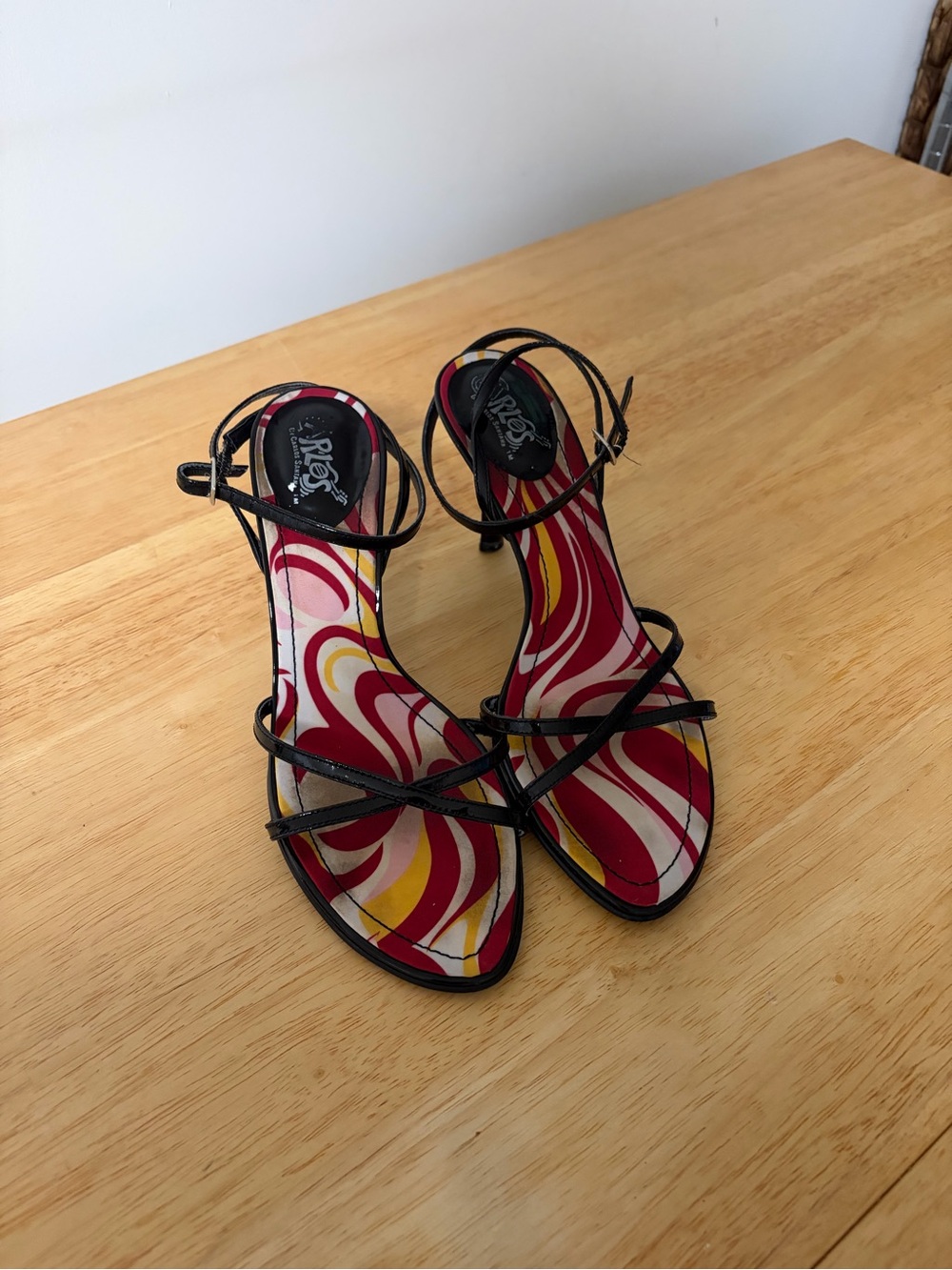Black Strappy Sandals with Red Multicolor Insole